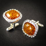Elegant Silver Cufflinks with Zircons and Cognac Genuine Baltic Amber for Wedding and Classy Men, Sparkling Cognac 