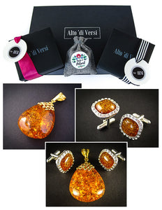 Amber Jewelry Set of Silver Cufflinks with Zircons and Gold Plated Pendant both with Cognac Baltic Amber Sparkling Cognac 
