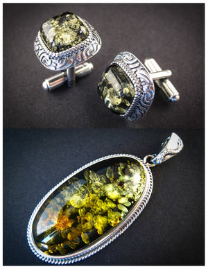 Amber Jewelry Set of Silver Cufflinks and Pendant both with green Baltic Amber Harmonious Green