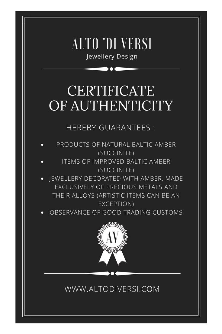 Alto 'di Versi Baltic Amber Jewelry Certificate of Authenticity 