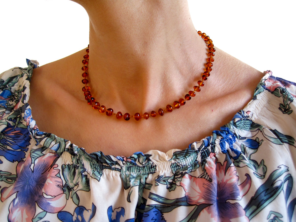 Genuine Handmade Amber Necklace on woman's neck, Cognac Beads, for Adults, Polished Beads, Gemstone, Healing properties, Nursing Mums, for Women