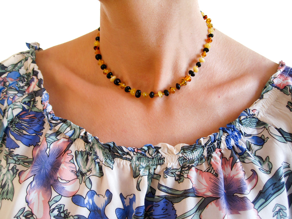 Genuine Handmade Amber Necklace on woman's neck, Multicolor Beads, for Adults, Polished Beads, Gemstone, Healing properties, Nursing Mums, for Women