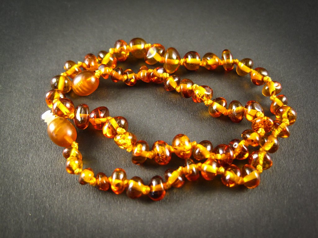 amber teething necklace, cognac polished beads, plastic screw clasp, healing, succinic acid, genuine baltic amber, for babies and nursing mums, made in poland