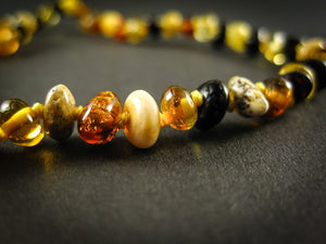amber teething necklace, multicolor polished beads, plastic screw clasp, healing, succinic acid, genuine baltic amber, for babies and nursing mums, made in poland