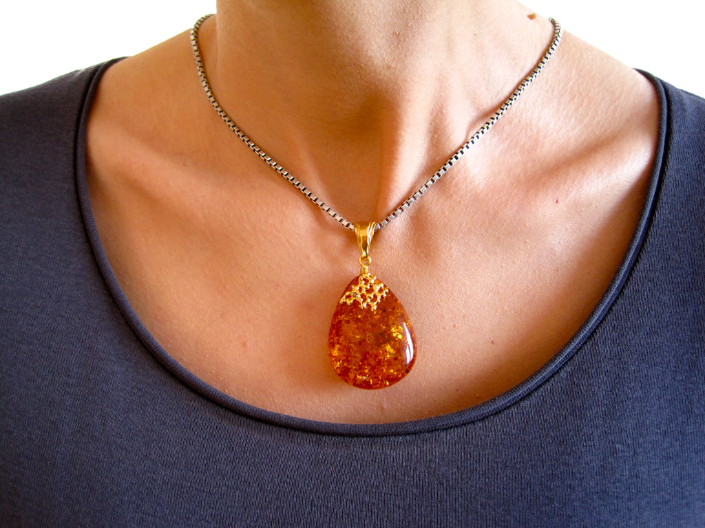 Sparkling Cognac Gold Plated Amber Pendant with Cognac Baltic Amber, for her, amber gift