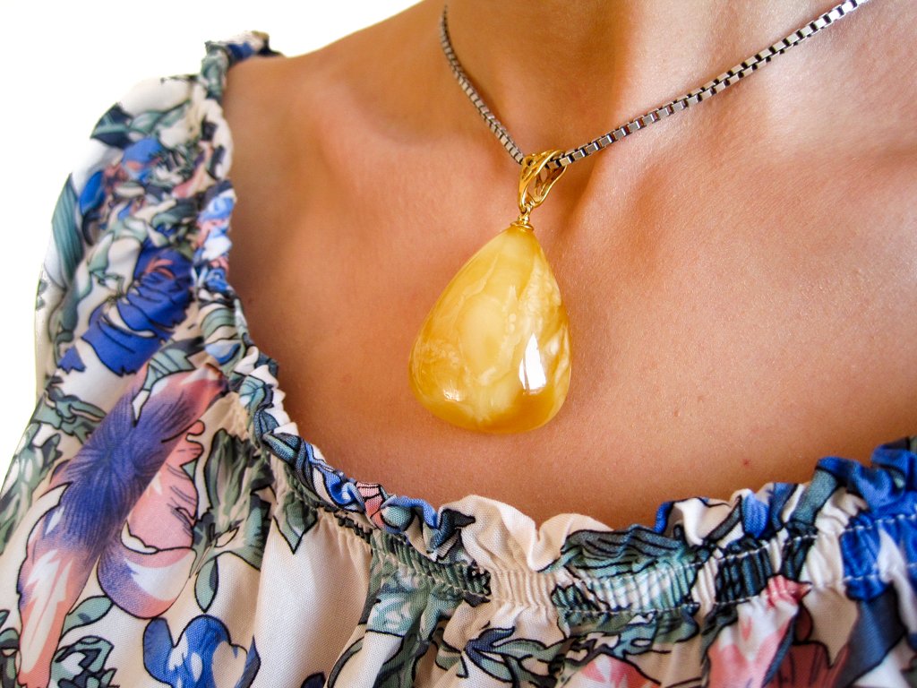 Dazzling Yellow Vibes Gold Plated Amber Pendant with Yellow Egg-Yolk Baltic Amber, for her, amber gift