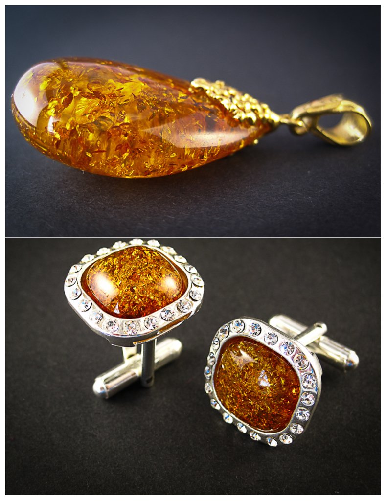 Amber Jewelry Set of Silver Cufflinks with Zircons and Gold Plated Pendant both with Cognac Baltic Amber Sparkling Cognac
