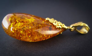 Sparkling Cognac Gold Plated Amber Pendant with Cognac Baltic Amber side view