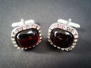 Classy Silver Cufflinks with Zircons and Cherry Genuine Baltic Amber for Wedding , Anniversary, Businessgift, and Elegant Men