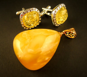 Dazzling Yellow Vibes Set Baltic Amber Jewelry Yellow Amber Cufflinks and Pendant