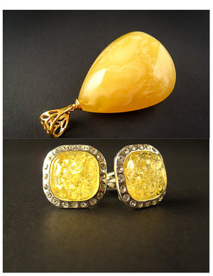 Amber Jewelry Set of Silver Cufflinks with Zircons and Lemon Baltic Amber + Gold Plated Pendant with Milky Yellow Baltic Amber Dazzling Yellow Vibes 