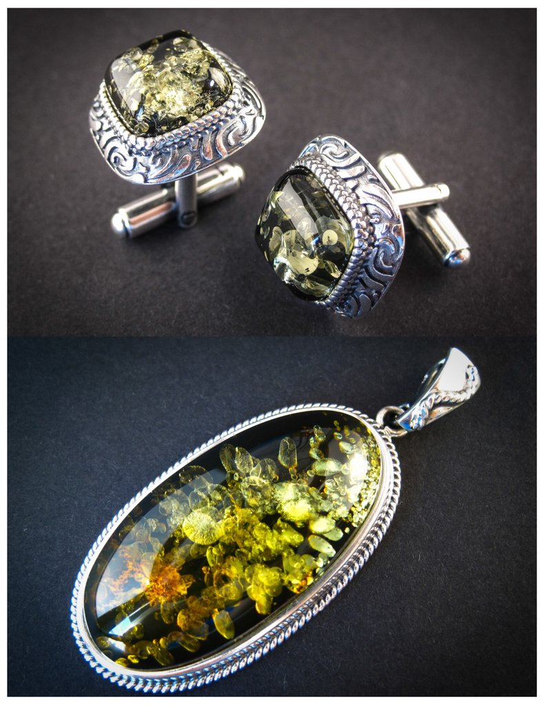 Amber Jewelry Set of Silver Cufflinks and Pendant both with green Baltic Amber Harmonious Green