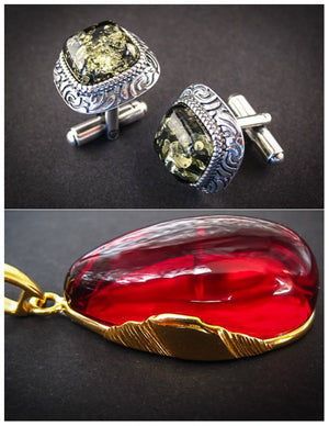 Amber Jewelry Set of Silver Green Amber Cufflinks and Red Amber Gold Plated Pendant Heaven & Hell