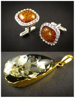 Amber Jewelry Set of Silver Cognac Amber Cufflinks with Zircons and Green Amber Pendant Risky Match 