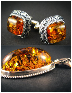 Amber Jewelry Set of Cognac Amber Silver Cufflinks and Pendant Vitalizing Honey 