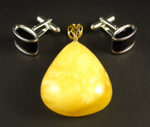 Amber Jewelry Set of Silver Cherry Amber Cufflinks and Gold Plated Yellow Amber Pendant William & Kate's Style
