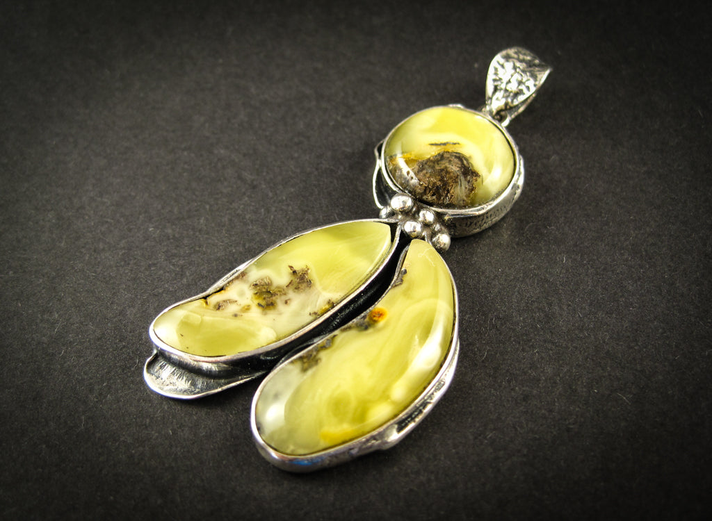 Baltic Amber Pendant with Milky Green Amber, Silver Plated, original shape, handmade in Poland, Gift for Her