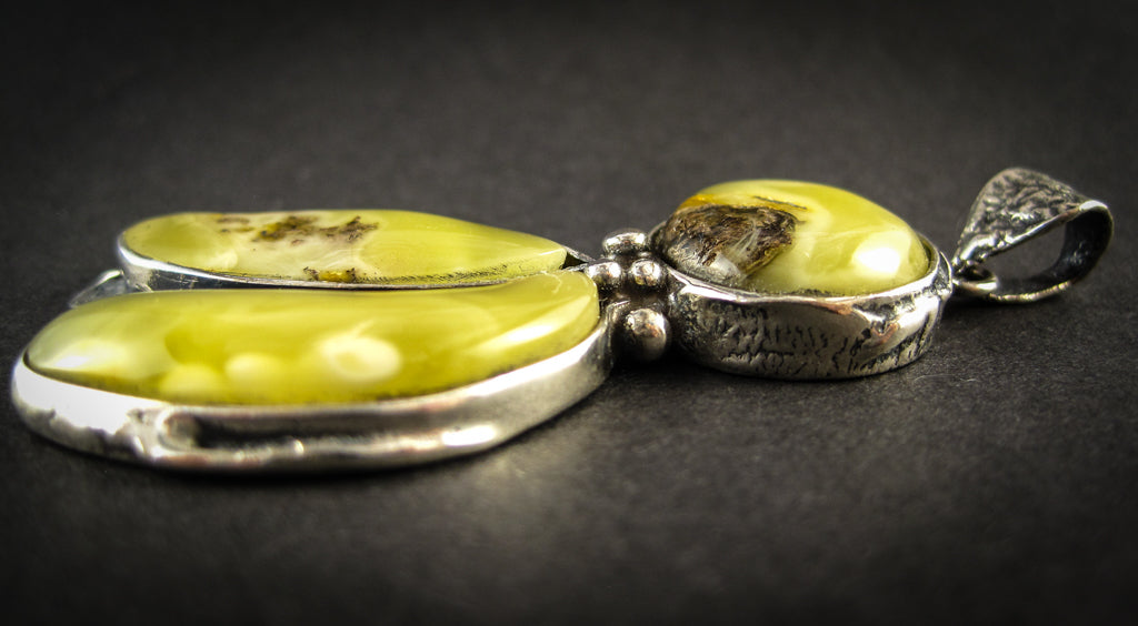 Baltic Amber Pendant with Milky Green Amber, Silver Plated, original shape, handmade in Poland, Gift for Her, side view