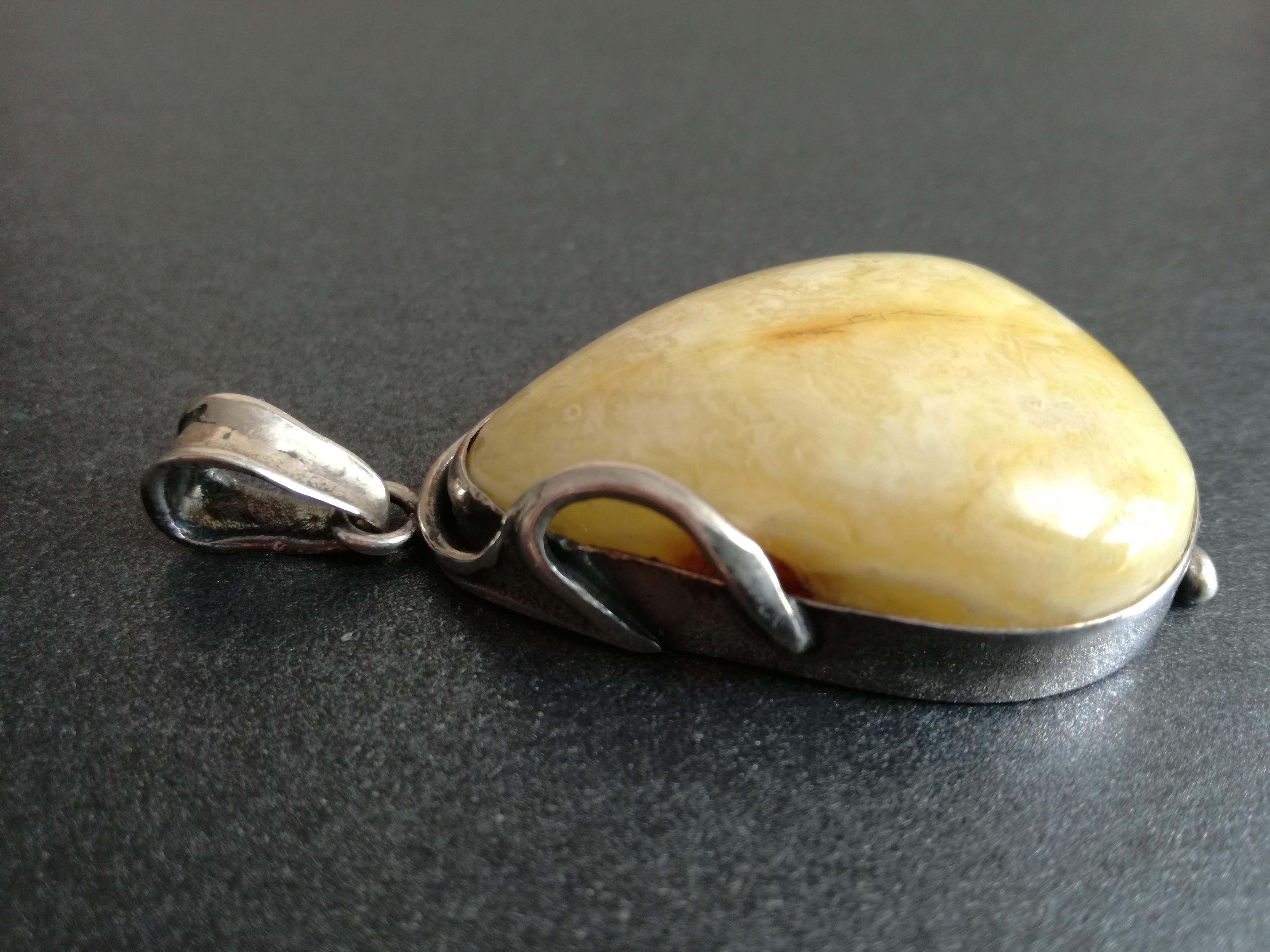 Baltic Amber Pendant with Milky Yellow Amber, Silver, original shape, handmade in Poland, Gift for Her