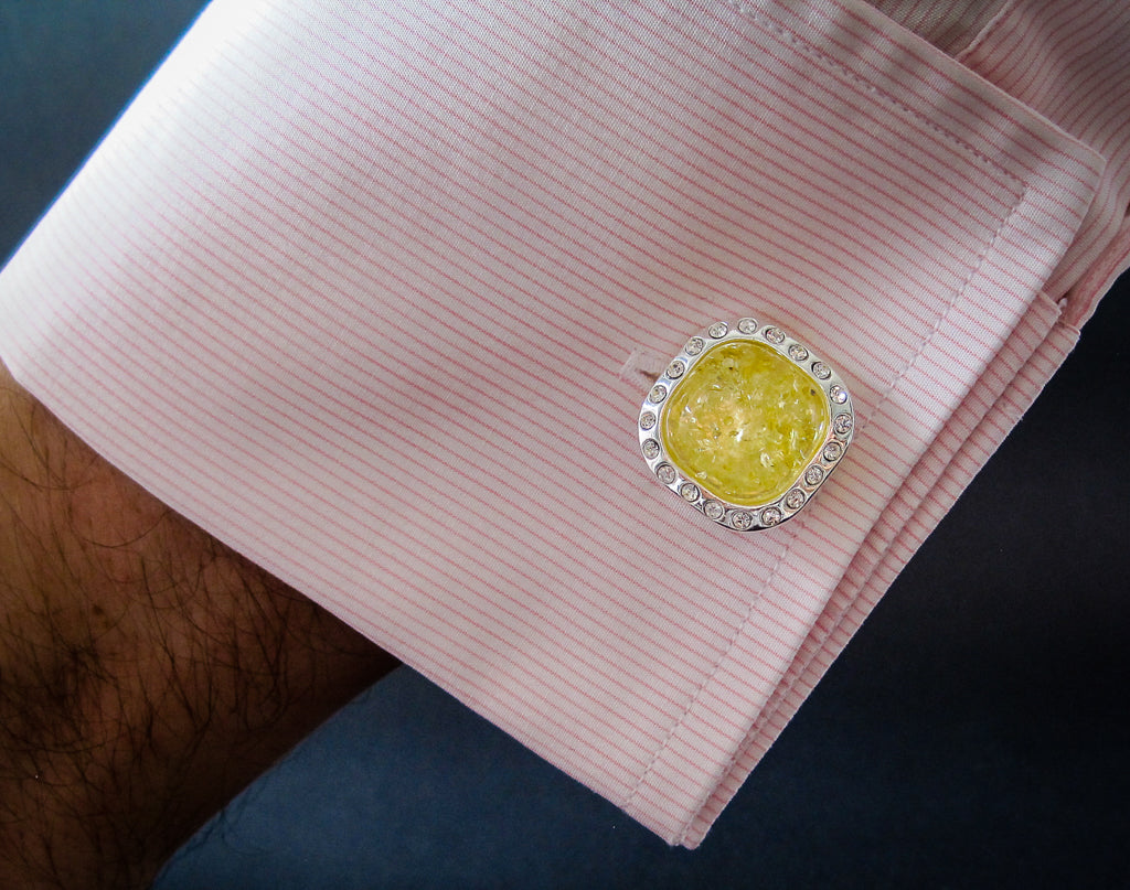 silver cufflinks with lemon baltic amber and zircons perfectly match with pink shirt, it is awesome gift for a man
