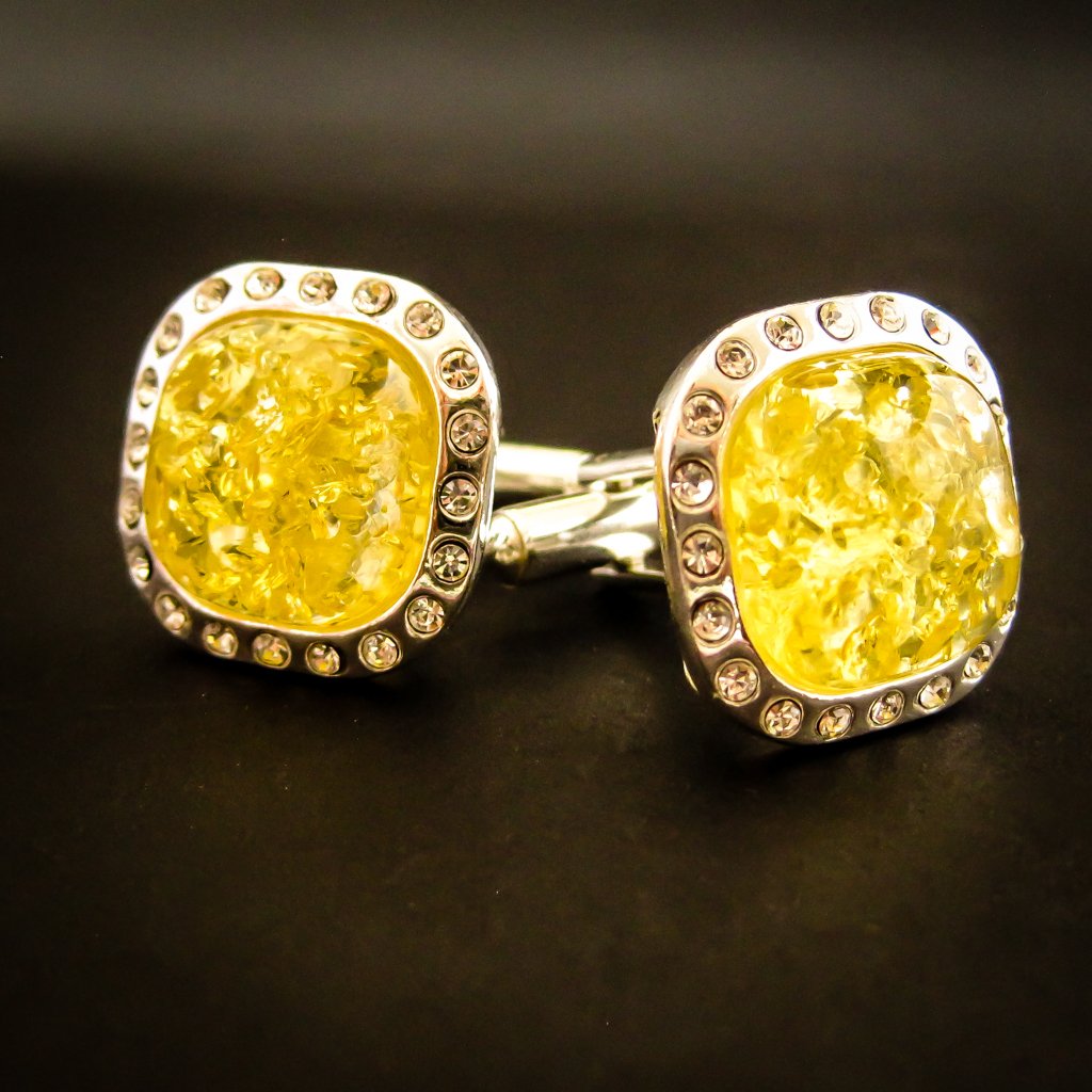 Elegant Silver Cufflinks with Yellow Genuine Baltic Amber and Zircons for Wedding and Classy Men, Dazzling Yellow Vibes