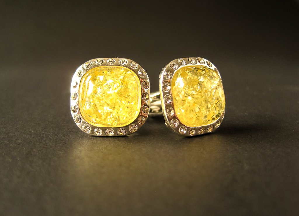 Silver Cufflinks with Yellow Baltic Amber and Zircons for Wedding and Classy Men Dazzling Yellow Vibes