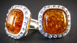 Silver Cufflinks with Zircons and Cognac Baltic Amber for Wedding and Classy Men Sparkling Cognac 