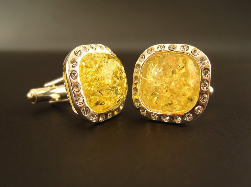 Silver Cufflinks with Yellow Baltic Amber and Zircons for Wedding and Classy Men Dazzling Yellow Vibes front view