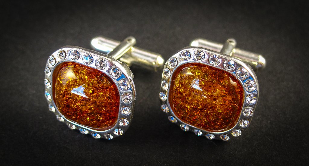 Silver Cufflinks with Zircons and Cognac Baltic Amber for Wedding and Classy Men Sparkling Cognac front view