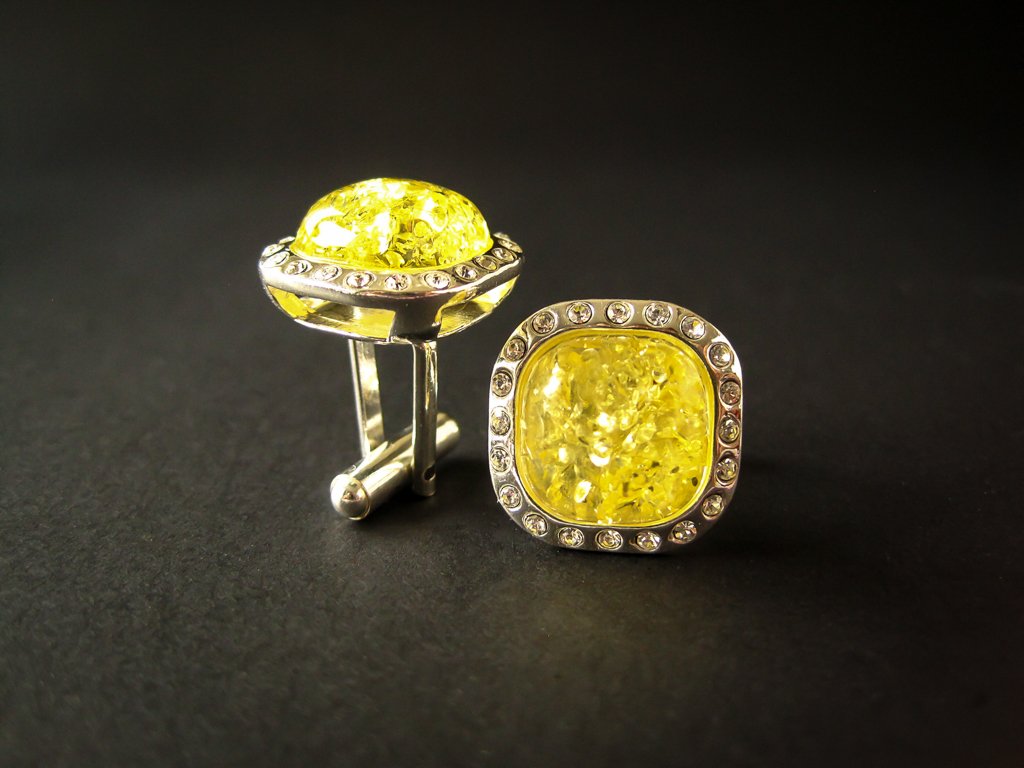 Silver Cufflinks with Yellow Baltic Amber and Zircons for Wedding and Classy Men Dazzling Yellow Vibes side view