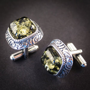 Luxury Silver Cufflinks with Green Genuine Baltic Amber for Wedding and Classy Men, Harmonious Green 