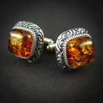 Luxury Silver Cufflinks with Cognac Genuine Baltic Amber for Wedding and Classy Men, Vitalizing Honey