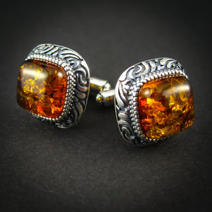 Luxury Silver Cufflinks with Cognac Genuine Baltic Amber for Wedding and Classy Men, Vitalizing Honey