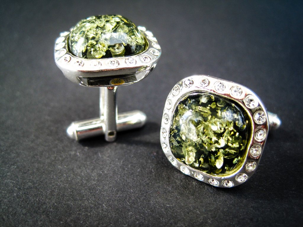 Elegant Silver Cufflinks with Zircons and Green Genuine Baltic Amber for Wedding , Anniversary and Classy BusinessMen