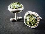 Elegant Silver Cufflinks with Zircons and Green Genuine Baltic Amber for Wedding , Anniversary and Classy BusinessMen
